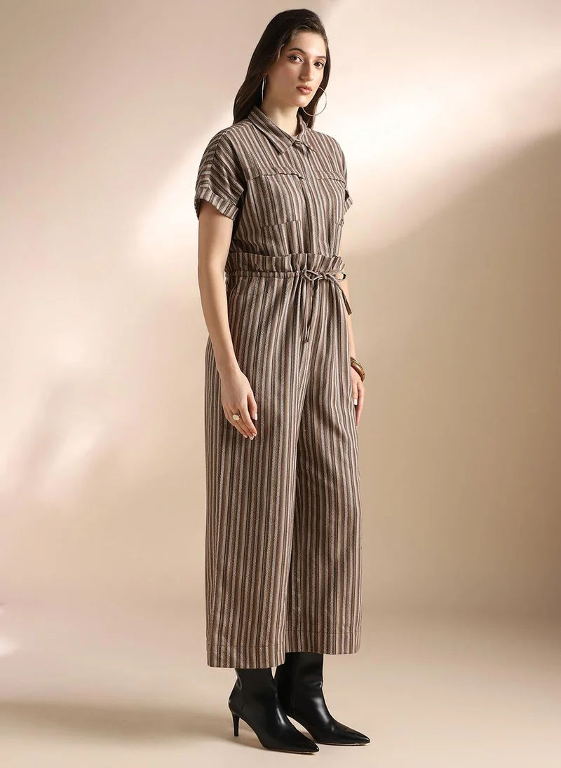 globus Brown Globus Women Brown Striped Extended Sleeves Collared Neck Waist Tie-Ups Wide Leg Jumpsuit for Women | Best Price UAE